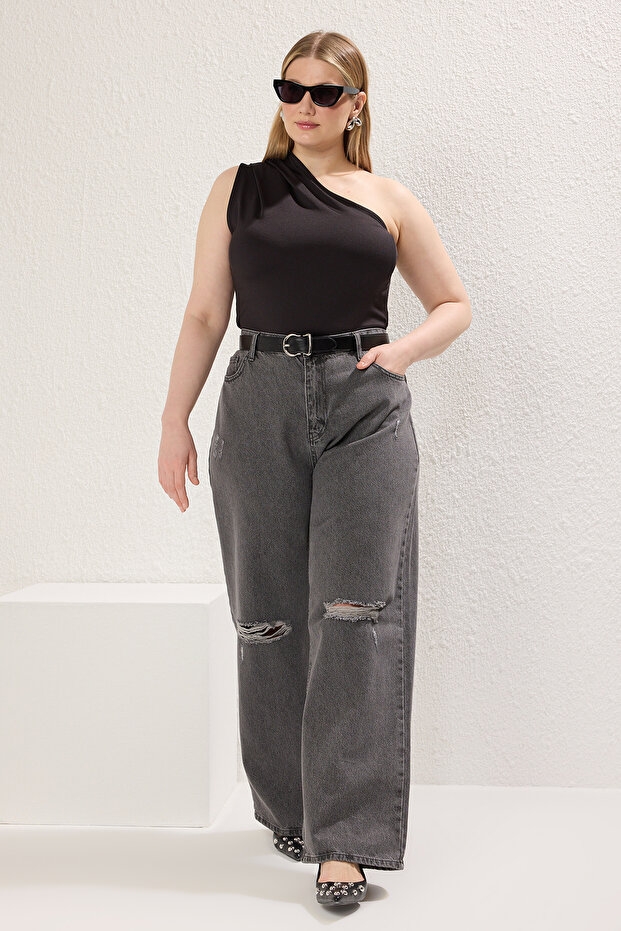 Gri Yüksek Bel Destroylu Geniş Paça/Wide Leg %100 Pamuk Non-Stretch Jeans TBBSS22JE00006 - 2