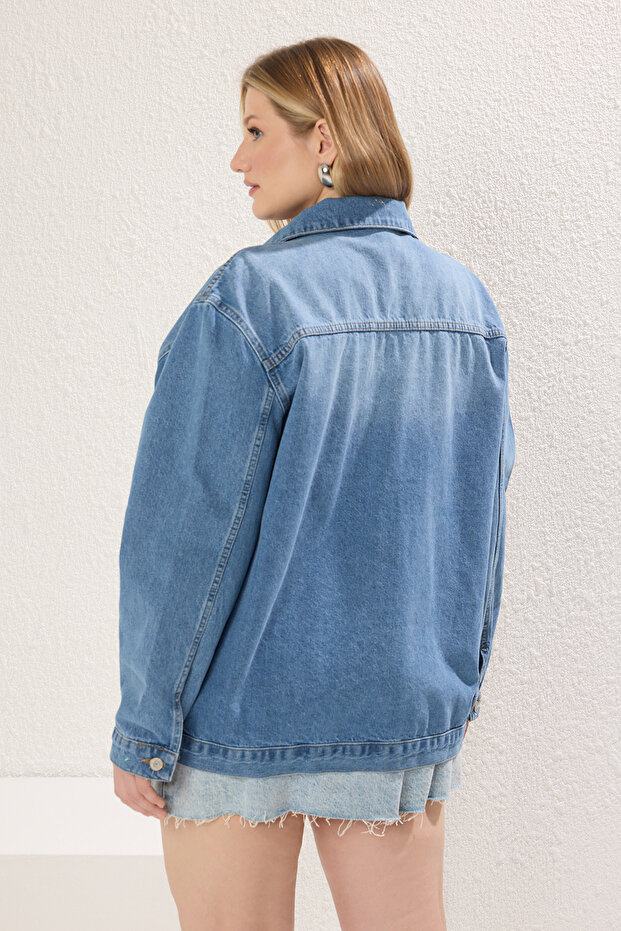 Blue Oversize/Loose Fit Pocket Detailed Denim Jacket Tbbss22Ye00000 - 4