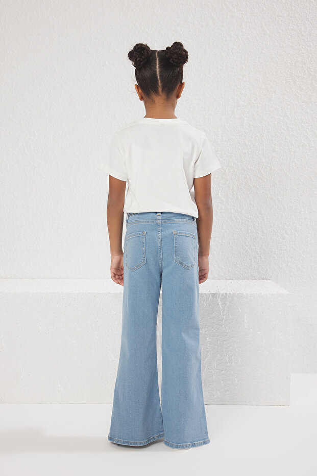 Açık Mavi Kız Çocuk Geniş Paça/Flare Lastikli Denim Jeans TKDSS25JE00003 - 3
