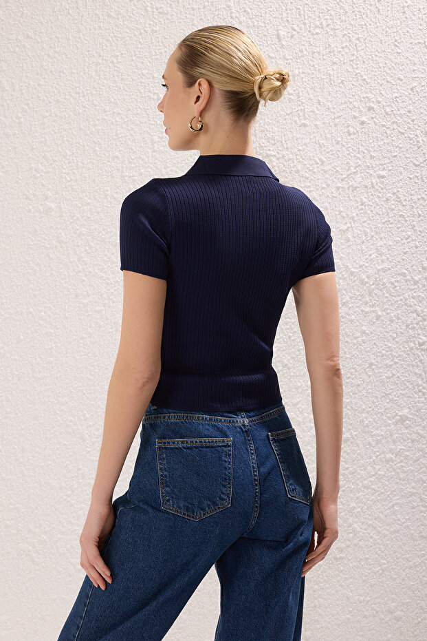 Lacivert-Ekru Basic Polo Yaka İkili Paket Triko İnce Bluz TWOSS25BZ00503 - 3