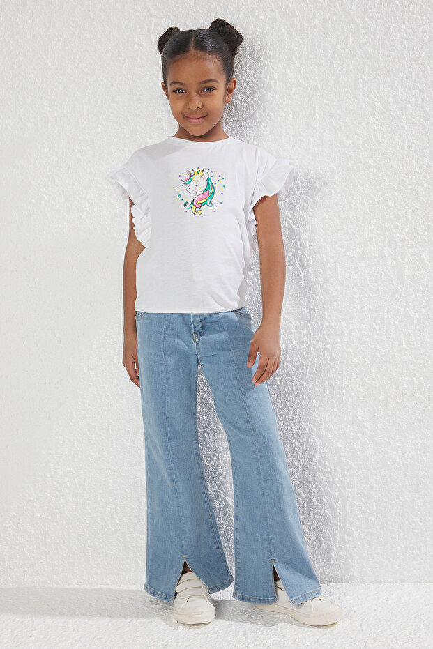 Ekru Kız Çocuk %100 Pamuk Unicorn Baskılı Regular Kalıp Fırfırlı Kolsuz Örme T-Shirt TKDSS25TS00034 - 2