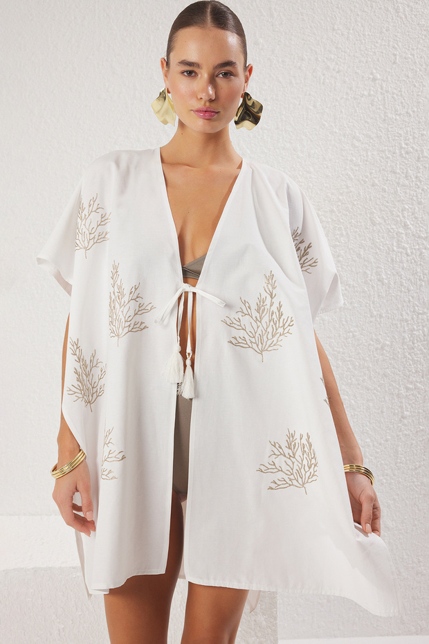 Beyaz Dokuma Nakışlı Plaj Mini Kimono&Kaftan TBESS25KM00012 - 4