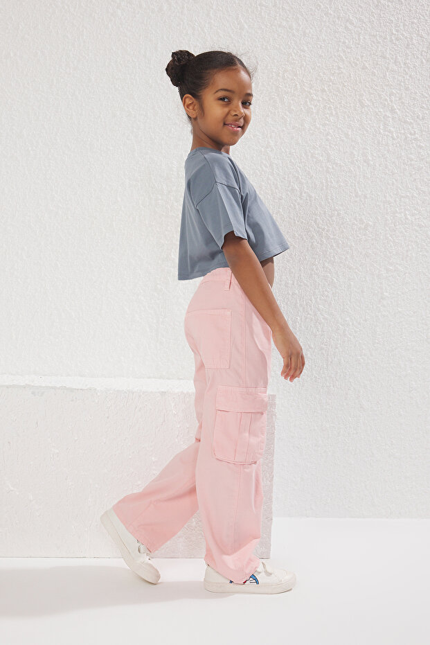 Pembe Kız Çocuk %100 Pamuk Cep Detaylı Wide Leg Lastikli Dokuma Pantolon TKDSS25PL00004 - 2