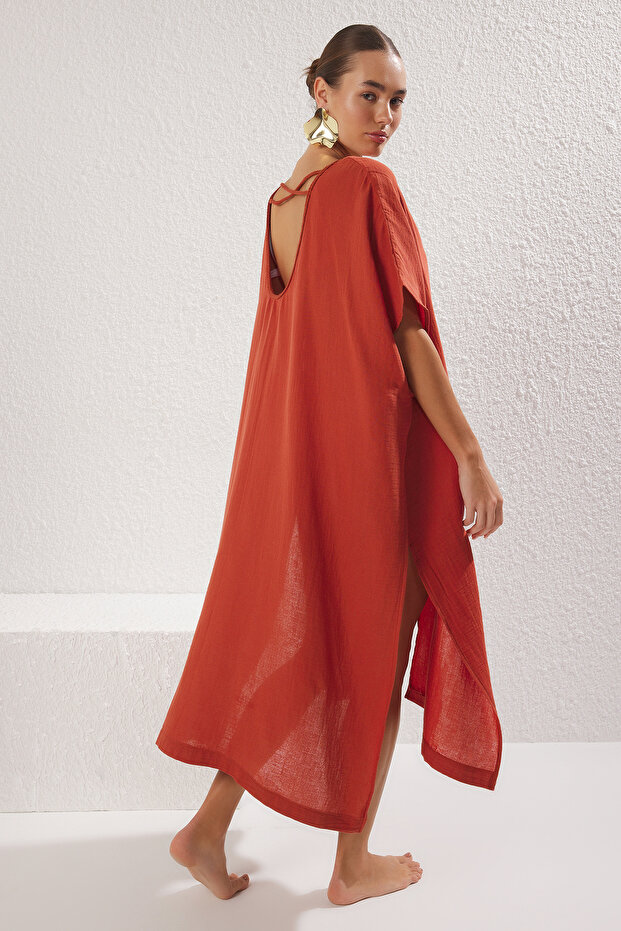 Kiremit Dokuma Sırt Dekolteli Midi Plaj Kimono&Kaftan TBESS25KM00016 - 3