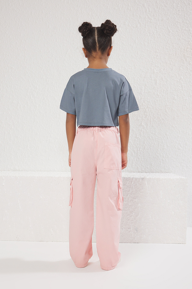 Pembe Kız Çocuk %100 Pamuk Cep Detaylı Wide Leg Lastikli Dokuma Pantolon TKDSS25PL00004 - 3