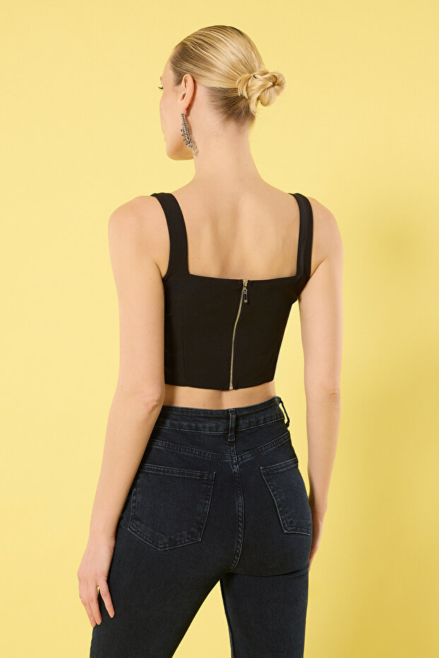 Siyah Crop Dantel Detaylı Dokuma Şık Büstiyer TPRSS25BS00031 - 6