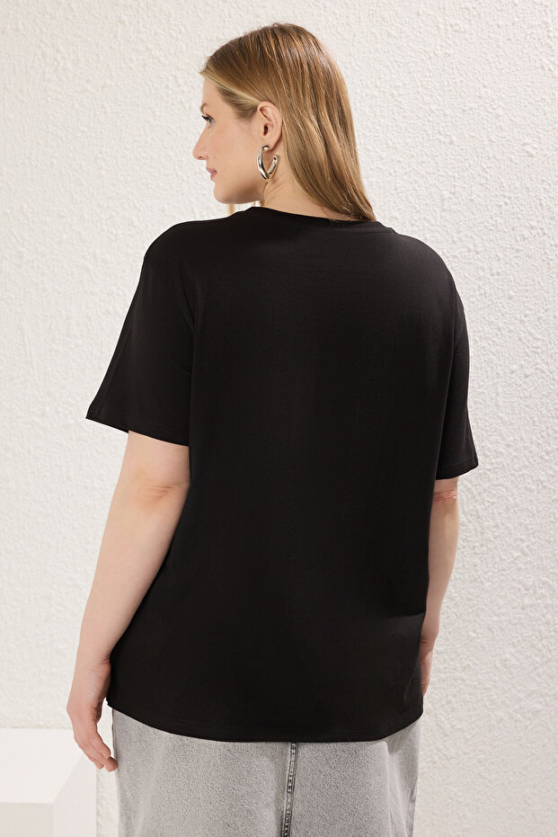 Siyah Taşlı Örme Büyük Beden Tshirt TBBSS25BF00042 - 4