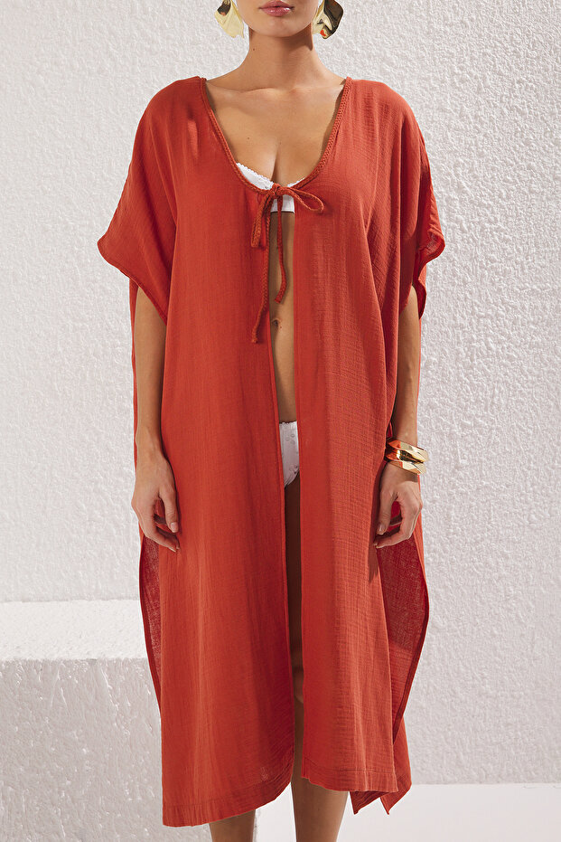 Kiremit Dokuma Sırt Dekolteli Midi Plaj Kimono&Kaftan TBESS25KM00016 - 4