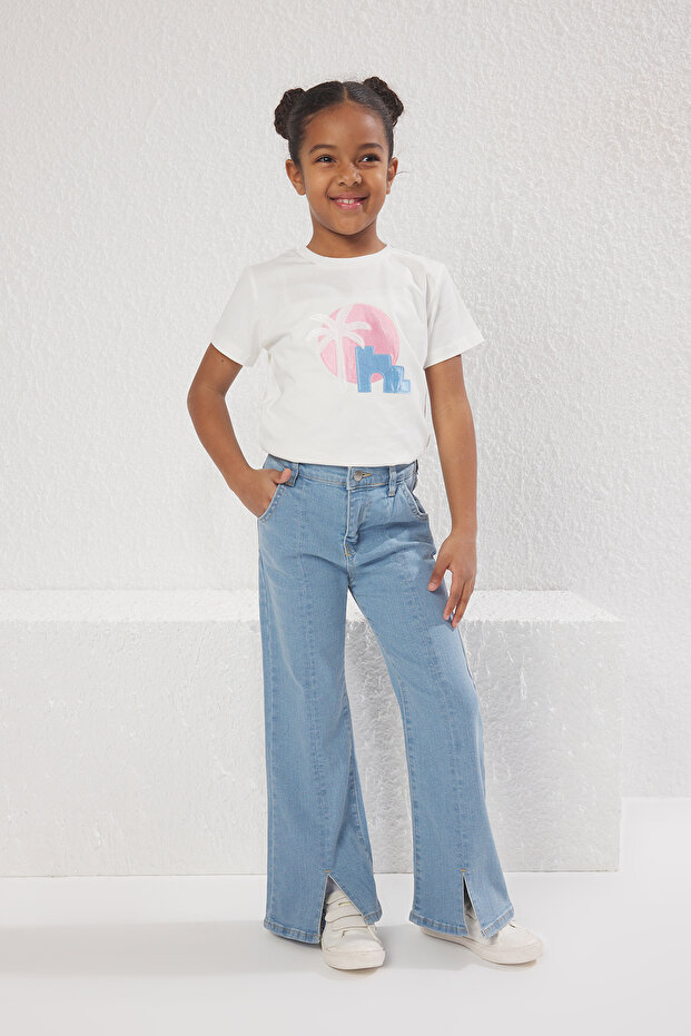 Açık Mavi Kız Çocuk Geniş Paça/Flare Lastikli Denim Jeans TKDSS25JE00003 - 1