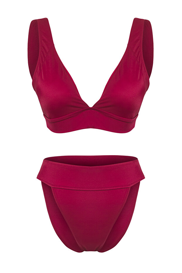 Bordo Üçgen Kaplı Regular Yüksek Bel Bikini Takımı TBESS25BT00121 - 5