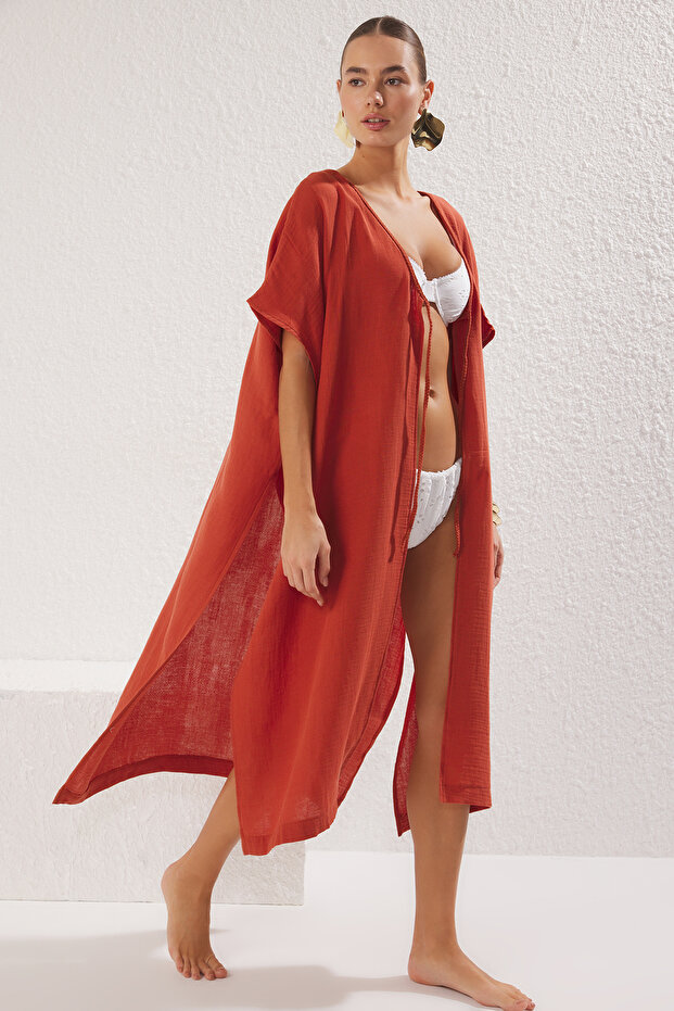 Kiremit Dokuma Sırt Dekolteli Midi Plaj Kimono&Kaftan TBESS25KM00016 - 1