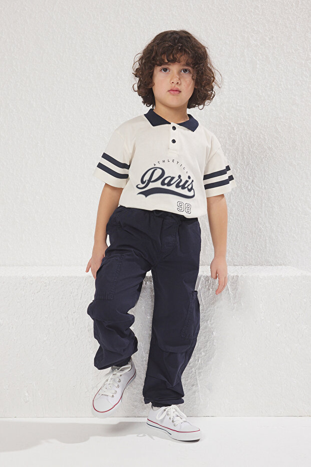 Lacivert %100 Pamuk Erkek Çocuk Cep Detaylı Ayarlanabilir Lastikli Denim Pantolon TKDSS25PL00005 - 1