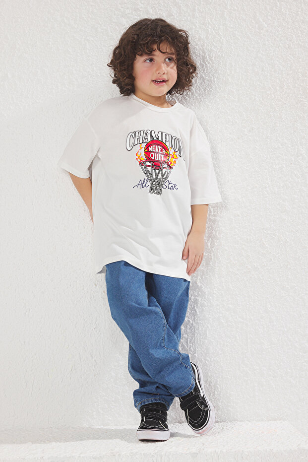 Ekru Erkek Çocuk Slogan Baskılı Regular/Normal Kalıp Kısa Kol Örme T-Shirt TKDSS25TS00031 - 2