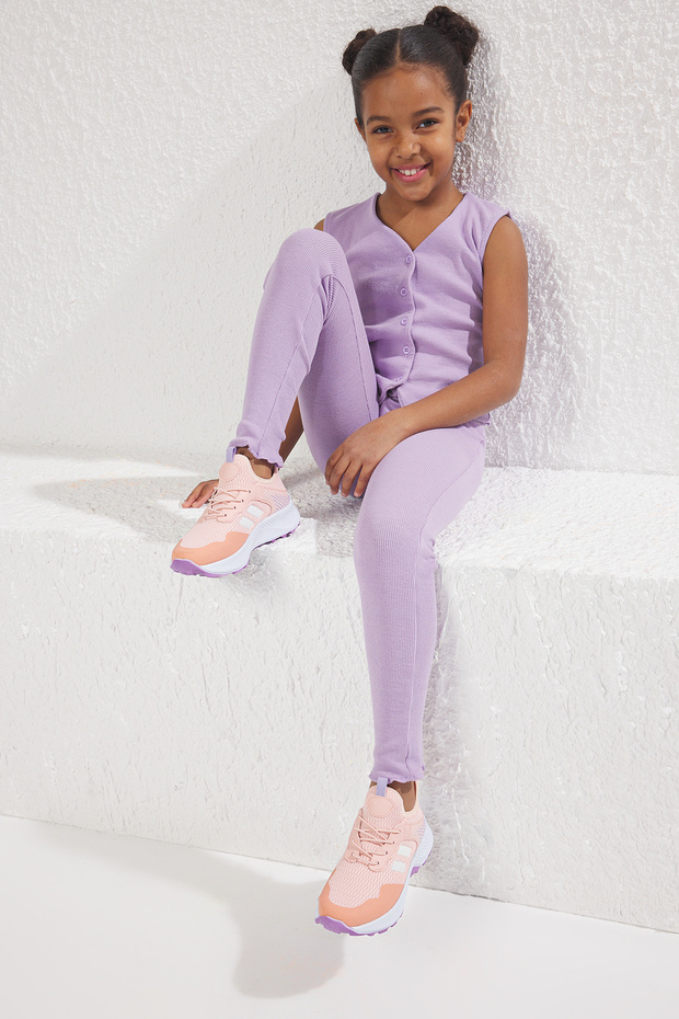 Pudrowe sznurowane liliowe lekkie podeszwy dziewczęce trampki Takss25Sn00027 - 1
