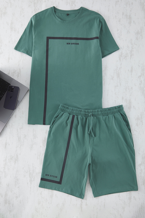 Yeşil Regular Fit Baskılı Örme Şortlu Pijama Takımı TMNSS23PT00017 - 6