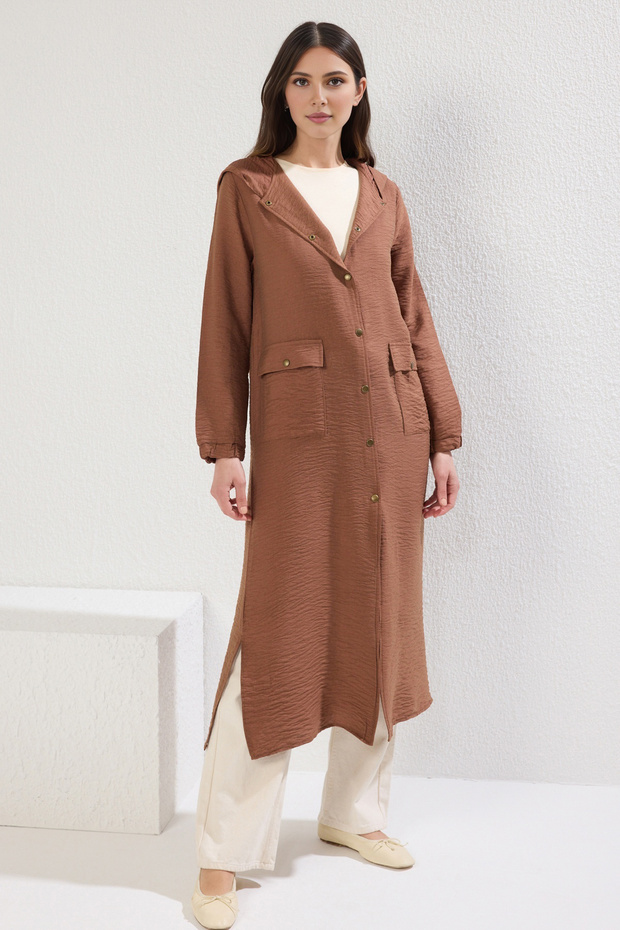 Kahverengi Kapüşonlu Cep Detaylı Çıtçıt Kapamalı Dokuma Kap & Ferace & Kimono & Ceket TCTSS25KF00005 - 2