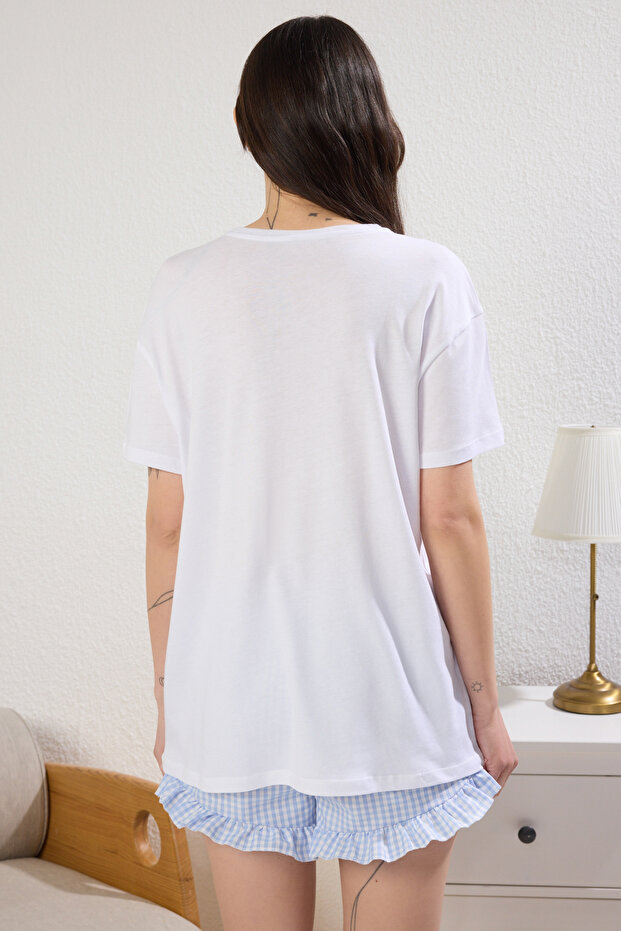 Beyaz %100 Pamuklu Pötikare Kedili Fırfırlı Şortlu Üst Örme Alt Dokuma Pijama Takımı THMSS25PT00263 - 4