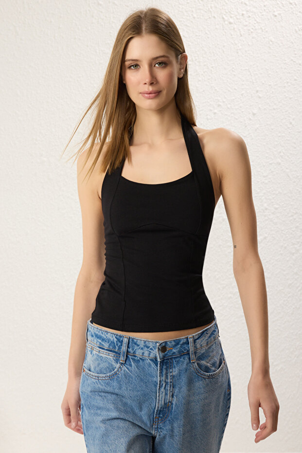 Siyah Boyundan Bağlamalı Fitted/Vücuda Oturan Örme Bluz TWOSS25BZ00019 - 1