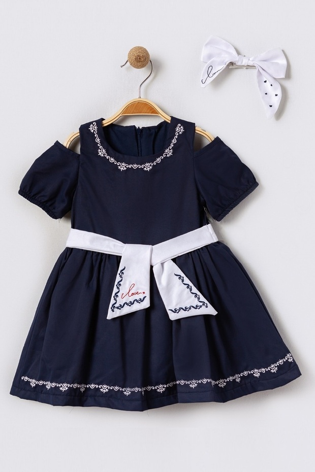 Off-Shoulder Sleeves and Belt Embroidery, Flared Cut, Buckle Gift, Navy Blue Girl's Dress 15615