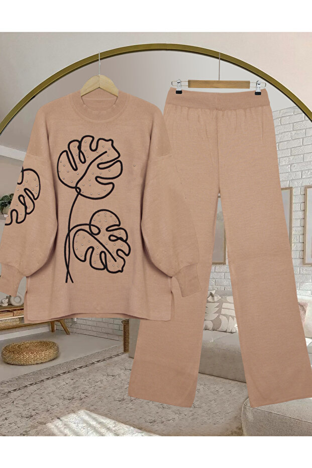 Leaf Patterned Stone Embroidered Balloon Sleeve Wide Fit Bottom-Top Knitwear Tunic Trousers Set Mink