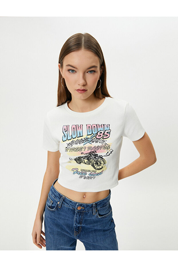 Printed Crop T-Shirt Short Sleeve Crew Neck Cotton