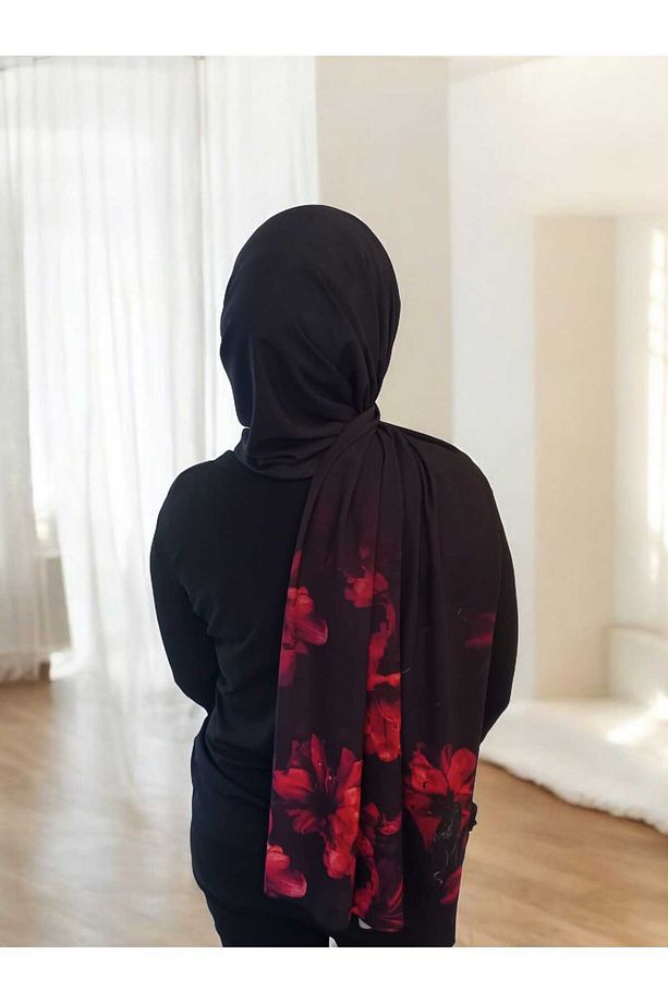 Kadın Siyah/kırmızı Çiçek Desen Soft Şal - 3