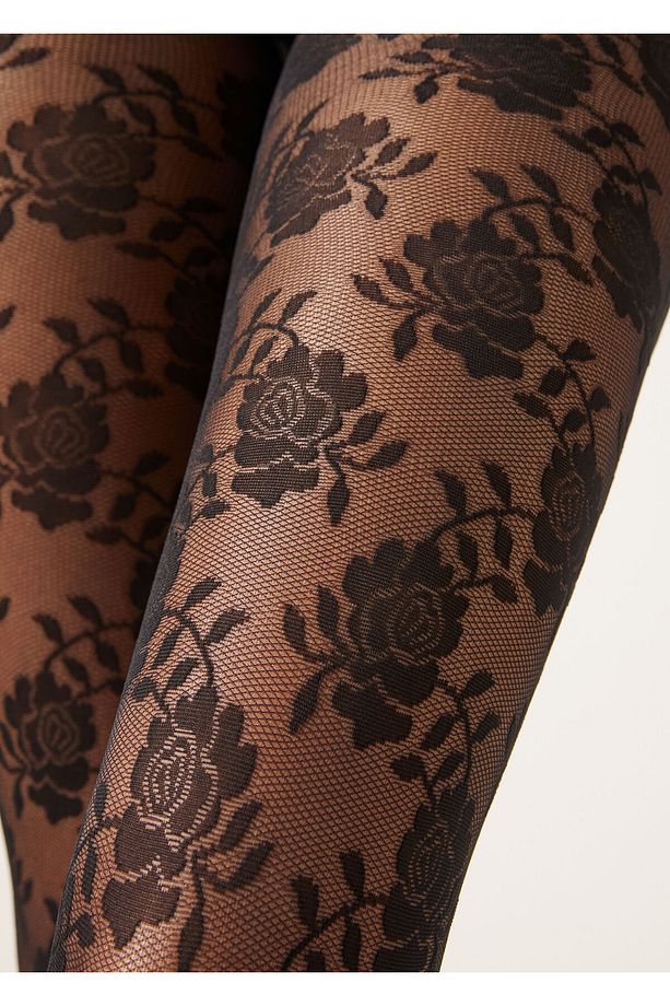 40 Denier Tulle Tights with Rose Pattern - 2