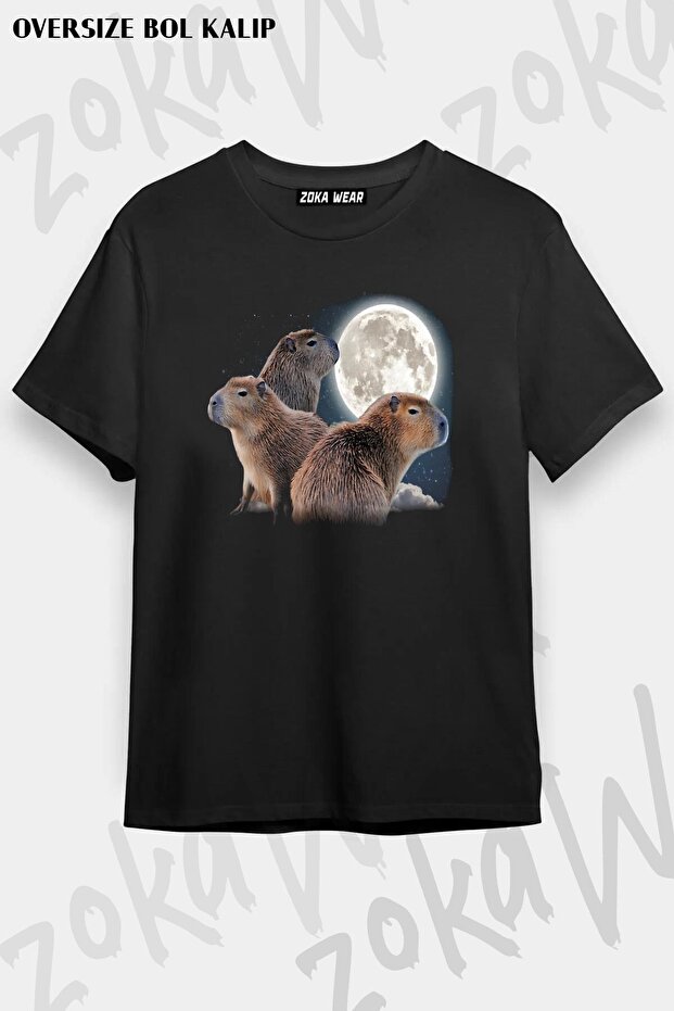 تي شيرت مطبوع بتصميم ثلاثة Capybaras وMoon للجنسين