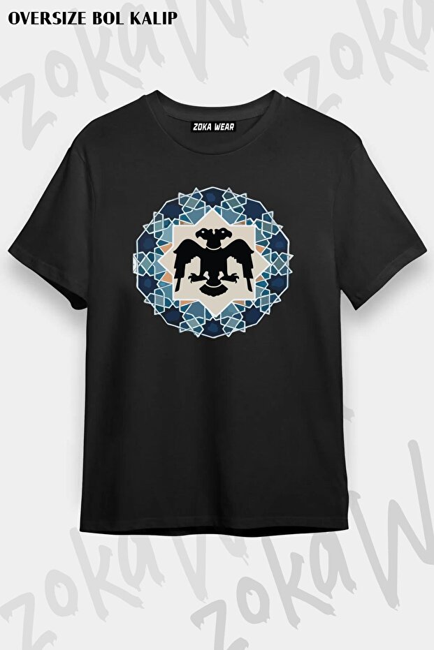 تيشيرت مطبوع بتصميم نسر سلجوقي برأسين مقاس كبير للجنسين