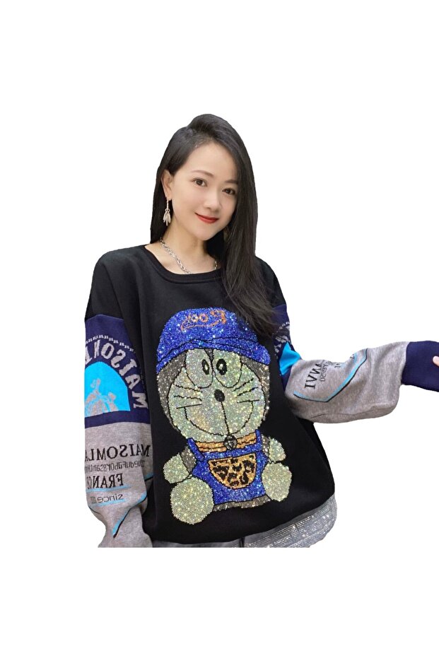 Kadin Anime Taş İşlemeli Sweatshirt - 2