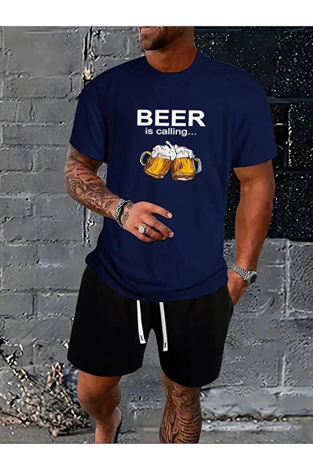 Beer Print Black Navy Blue Top and Short Set - Comfortable Loose Leg, Crew Neck