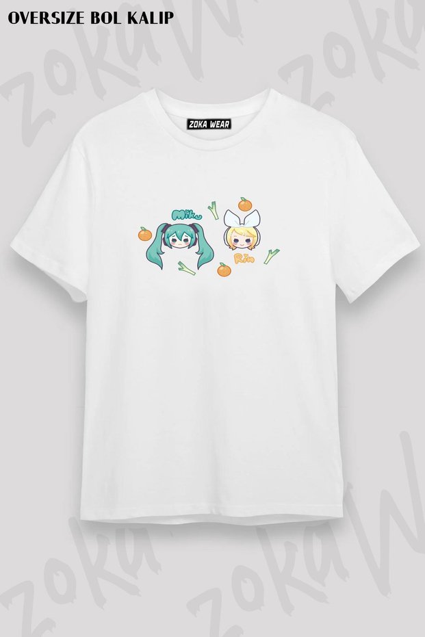Unisex Oversize Mold Miku and Rin Chibis Design Printed Tshirt