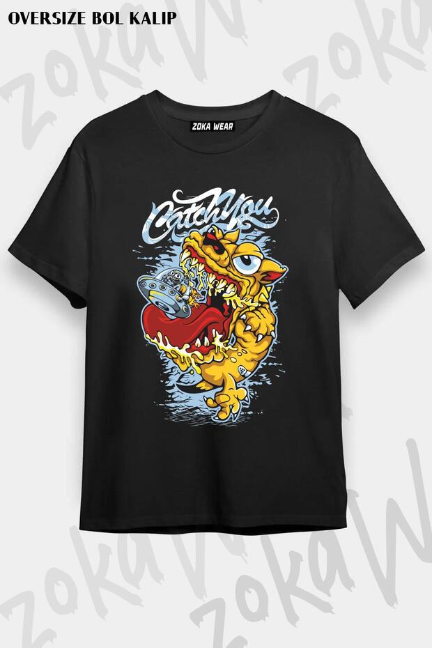 Unisex Oversize Fit Catch You Alien Catching Dog Design Printed Tshirt