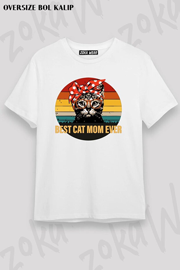 تيشيرت مطبوع بتصميم Best Cat Mom Ever للجنسين مقاس كبير