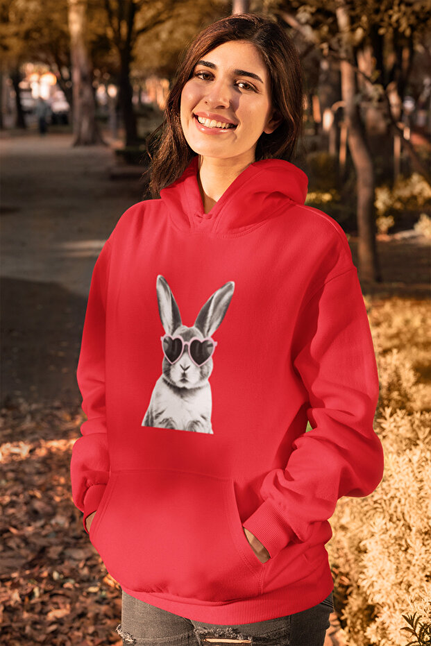 Rabbit Printed Women's Cotton Long Sleeve Sharon 3 Thread Hooded Sweatshirt