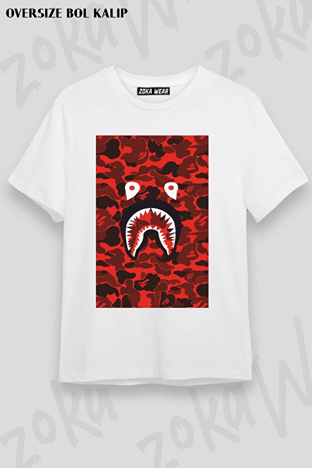 Unisex Oversize Mold Red Red Bape Shark Design Printed Tshirt