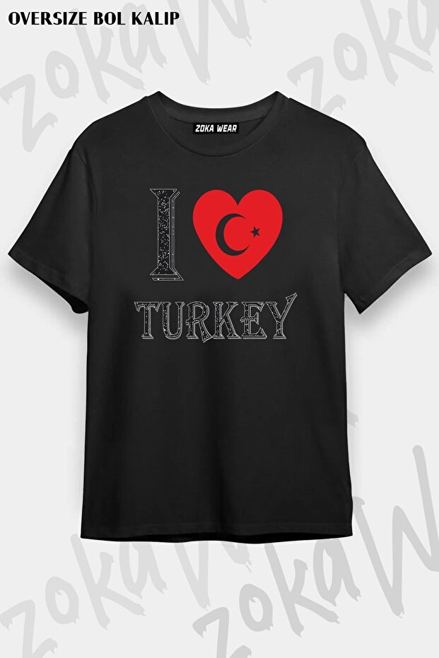 تيشيرت مطبوع بتصميم I Love Turkey مقاس كبير للجنسين