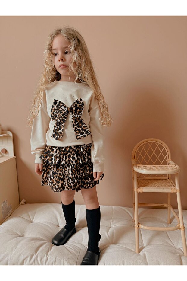 Yigit Boutique Girl's Suit with Bow Embroidered Leopard Skirt