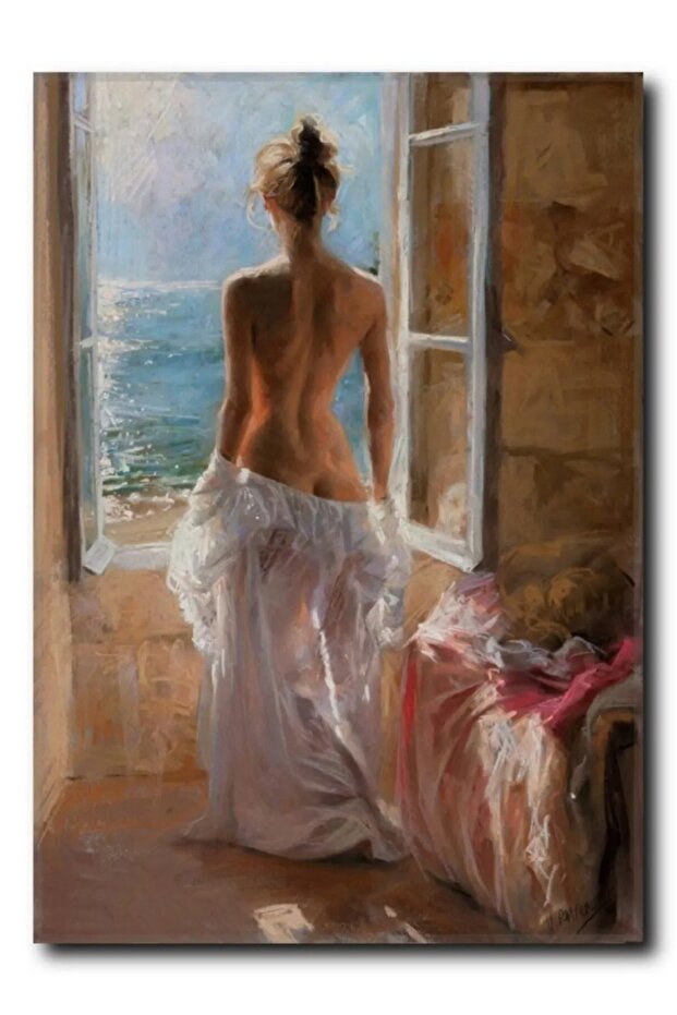 Woman Looking Out of Window Canvas Print