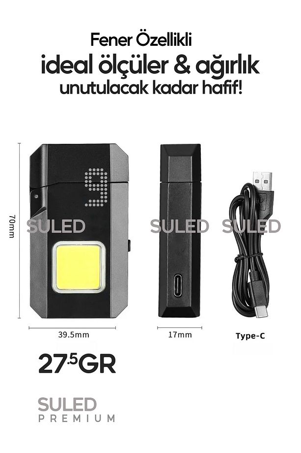 Şarjlı Çakmak T9 LED Fener Özellikli USB Şarjlı Kamp Çakmağı COB Led CE Rüzgardan Etkilenmez - 3