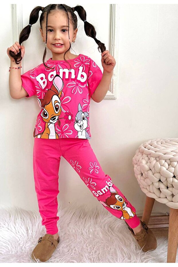 Girl's Patterneḋ Short Sleeve Tshirt Tracksuit 2-Piecė Set