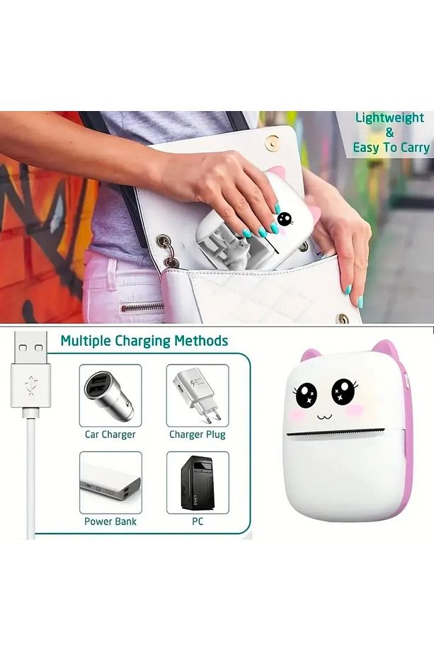 Pembe Mini Yazıcı ve 15 Yedek Rulo & Taşınabilir Mini Termal Yazıcı Bluetooth Bağlantılı - 6