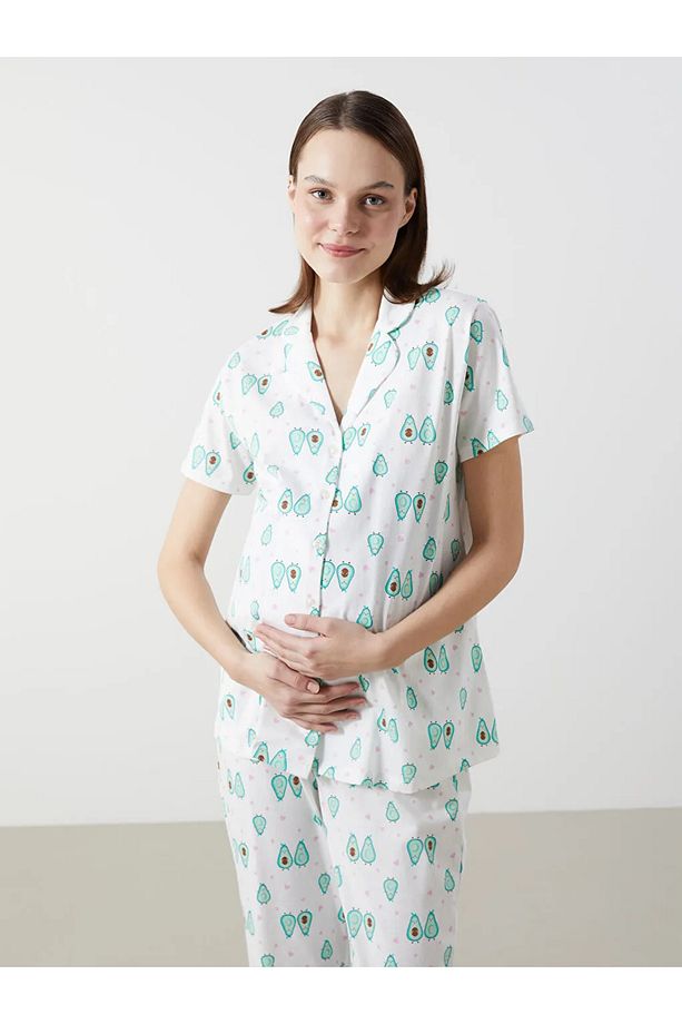 LCW DREAM Ekru Gömlek Yaka Desenli Hamile Pijama Takımı - 2