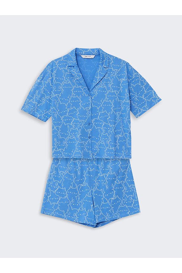 LCW Young Mavi Gömlek Yaka Baskılı Kadın Şortlu Pijama Takımı - 4