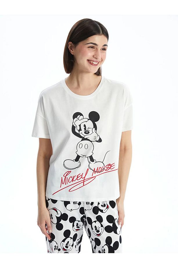 LCW Young Ekru Bisiklet Yaka Mickey Mouse Baskılı Kadın Pijama Takımı - 2
