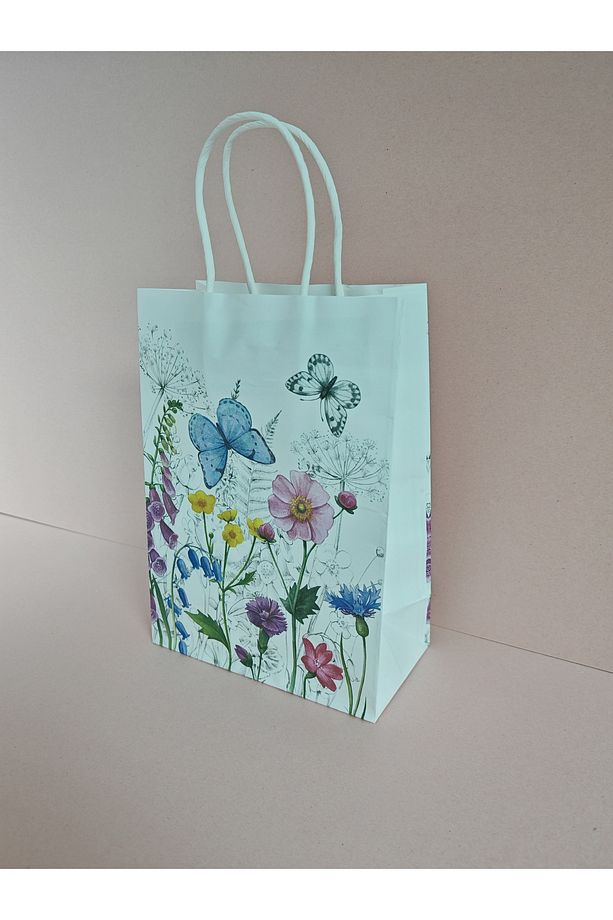 KELEBEK ÇİÇEK DESENLİ BÜKÜM SAPLI KAĞIT ÇANTA HEDİYE POŞETİ - 15x21x8 CM - 4 ADET - Ç091 - 6