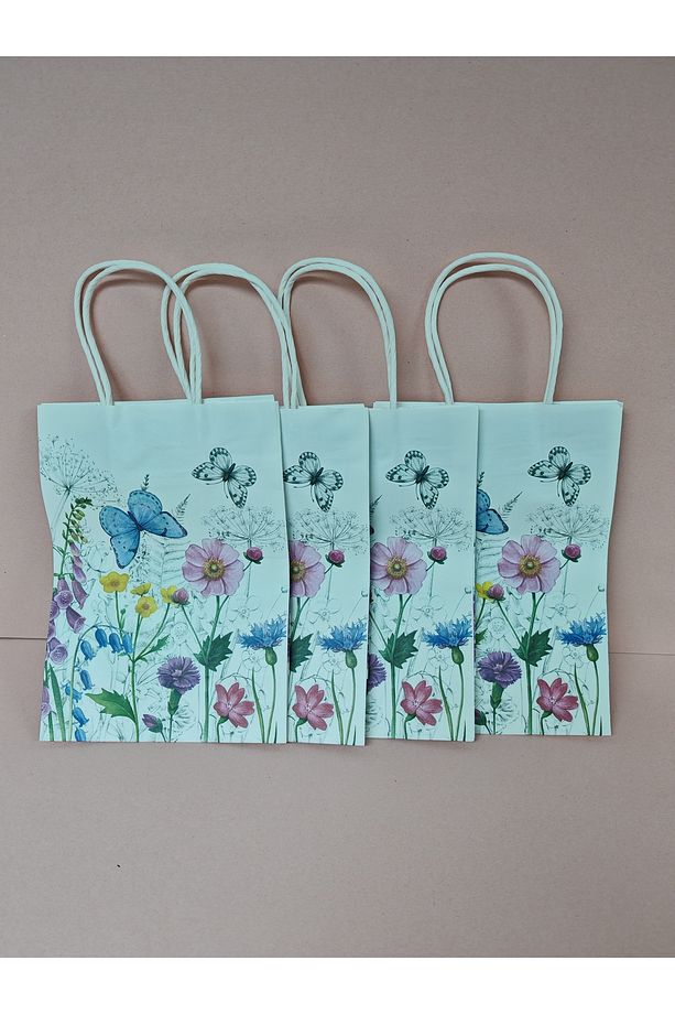 KELEBEK ÇİÇEK DESENLİ BÜKÜM SAPLI KAĞIT ÇANTA HEDİYE POŞETİ - 15x21x8 CM - 4 ADET - Ç091 - 1