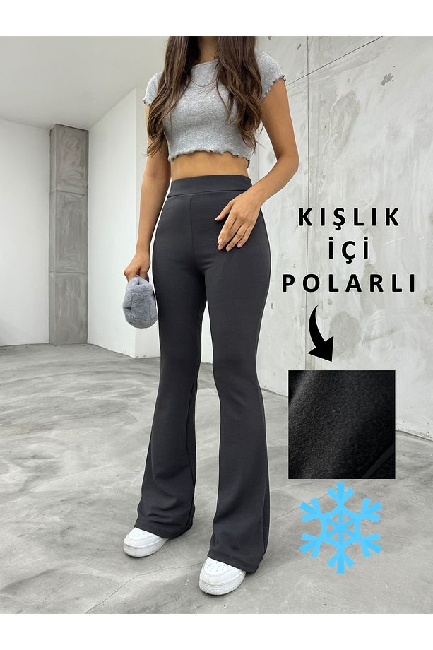 Kadın Gri Yüksek Bel Likralı Toparlayıcı İçi Polarlı Şardonlu Kışlık İspanyol Paça Tayt Pantolon - 8