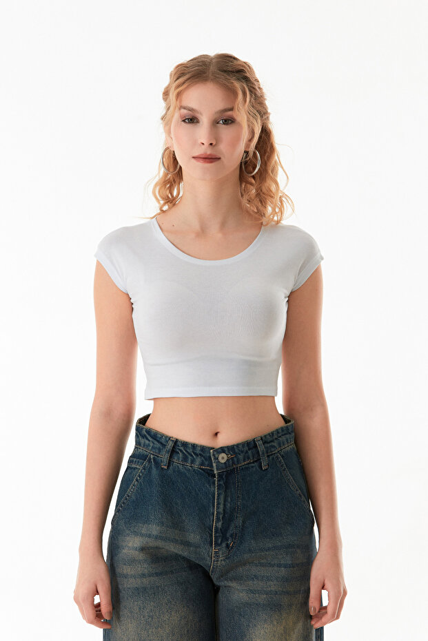 Basic Bisiklet Yaka Crop Tişört - 8