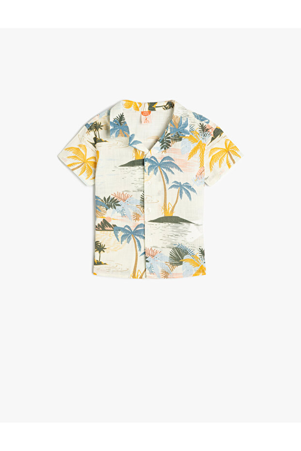 Palm Printed Buttoned Cotton Short Sleeve Shirt